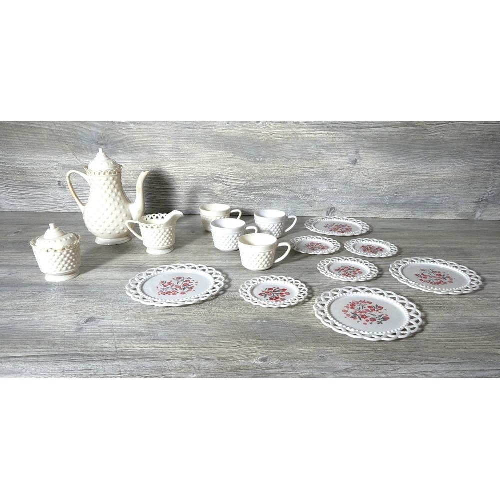 Vtg 1960's Plastic White Lattice & Hobnail Pink Dogwood Toy Dishes Tea Set 17 Pc